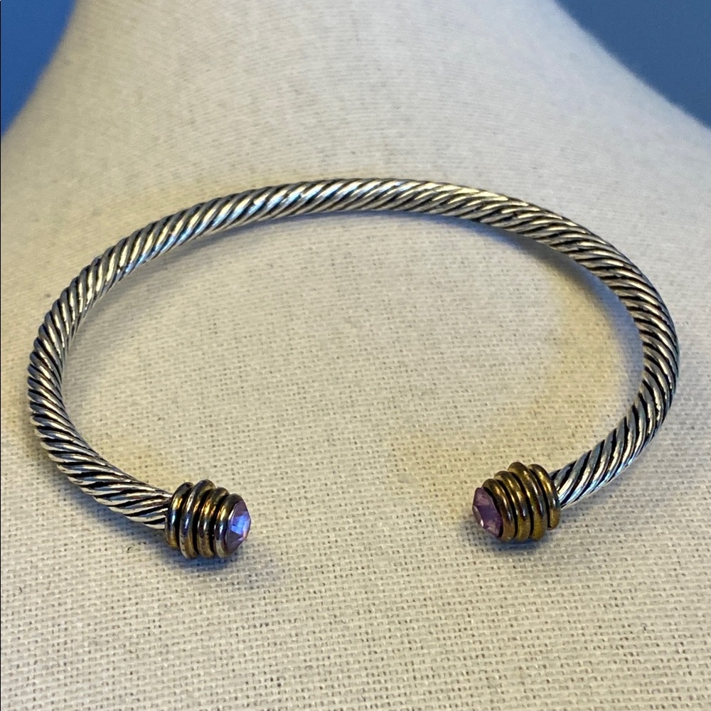 Elegant Silver and Gold-Tone Cuff Bracelet with Purple Accents